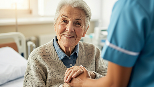 Bild zeigt eine lächelende alte Frau, die die Hand einer Pflegerin hält.