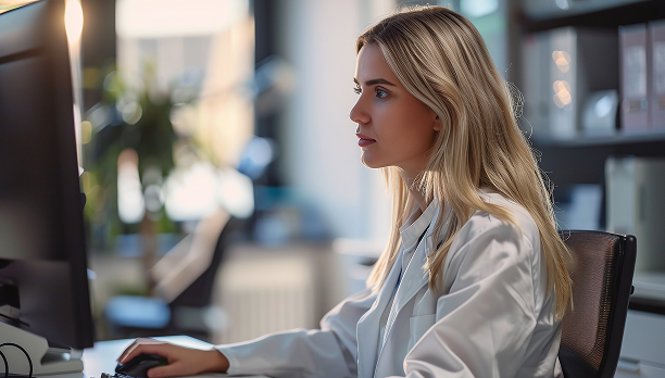 Frau sitz an einem PC und arbeitet.