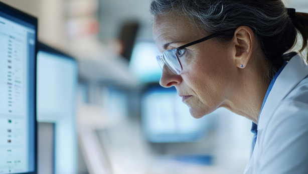 Zeigt eine Frau in weißem Hemd, die konzentriert auf einen Computer-Monitor schaut.